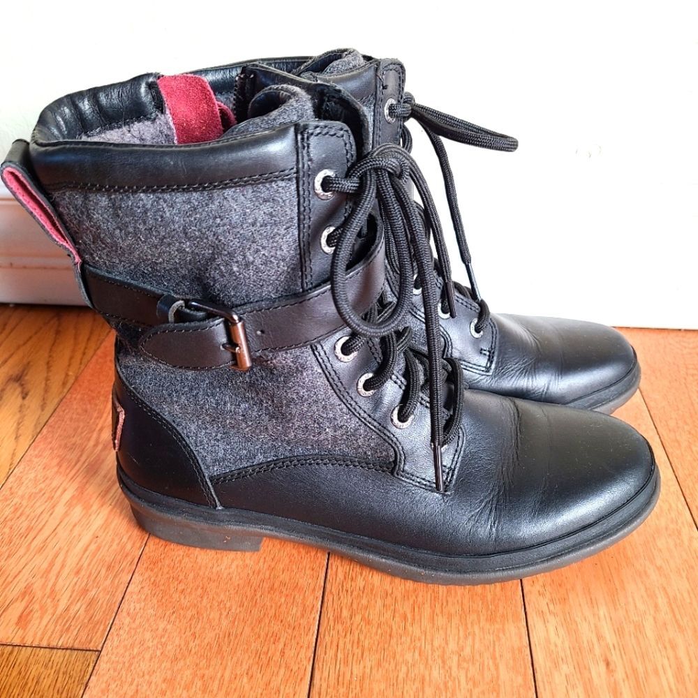 UGG Kesey Waterproof Boots Women 5 Black Leather Wool Lined Lace Up